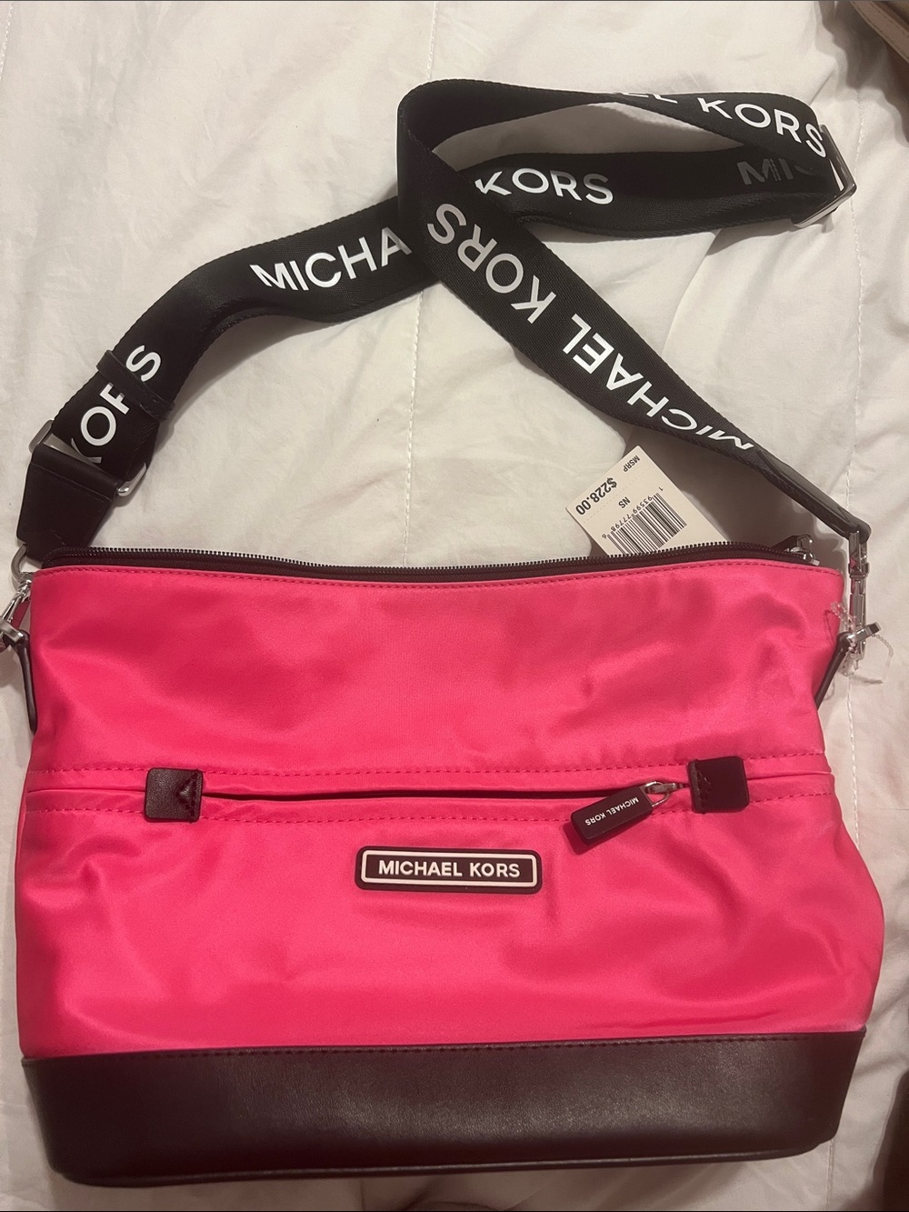 Michael Kors Hot Pink and Black Crossbody Bag with Logo Strap